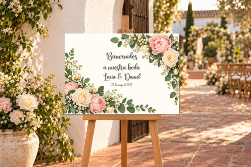 Cartello di benvenuto al matrimonio A3 a colori, modello Rosas, con testo in spagnolo, su un cavalletto in un cortile.