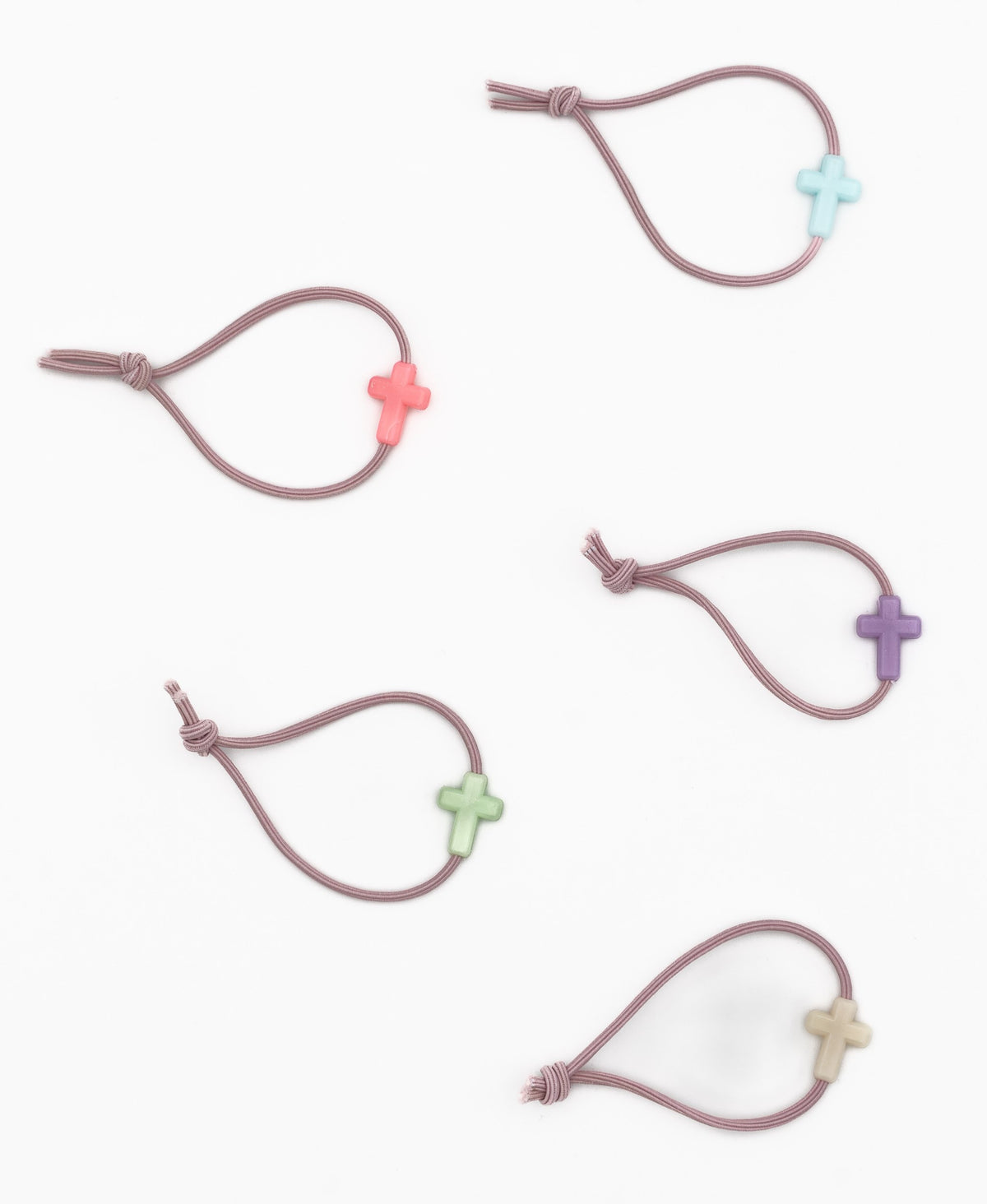 Cinque braccialetti elastici malva con motivi a croce in silicone di varie tonalità