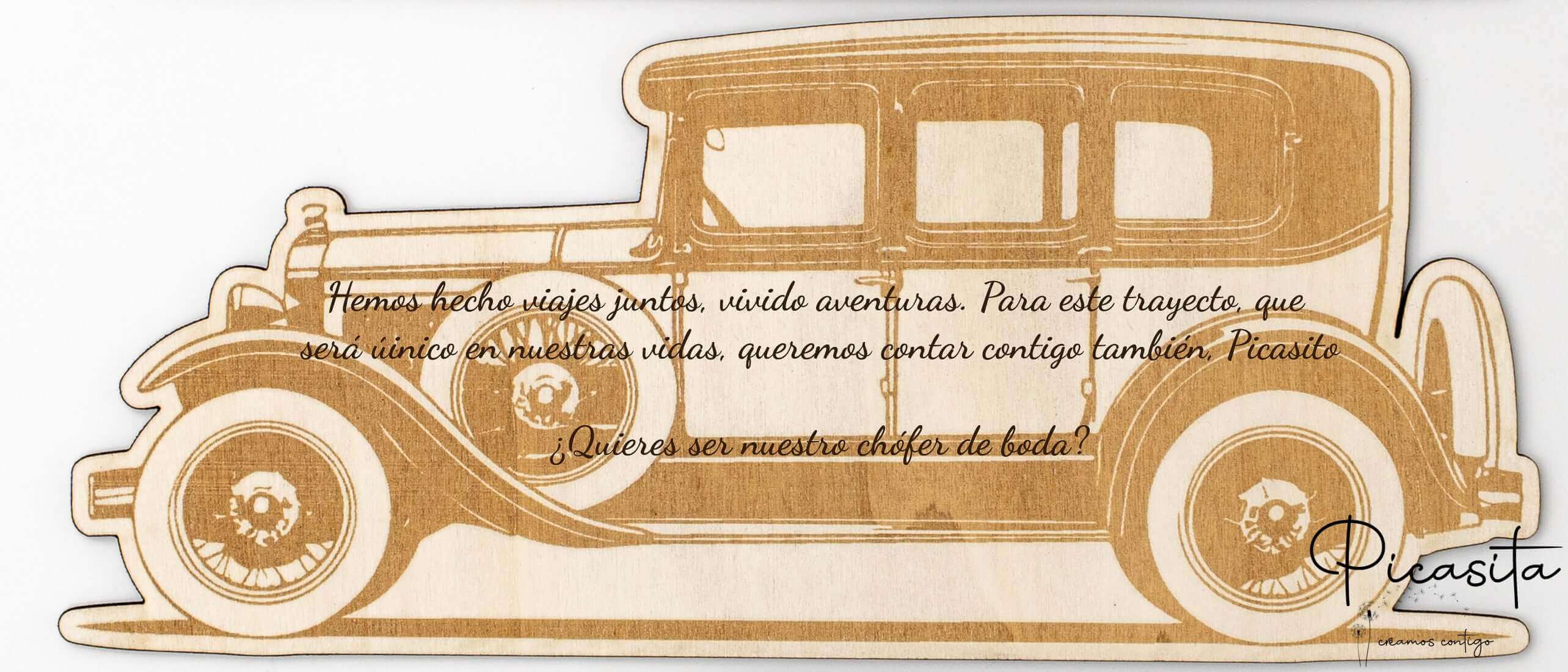 Cartel de madera con silueta de coche antiguo y mensaje de agradecimiento para chófer.