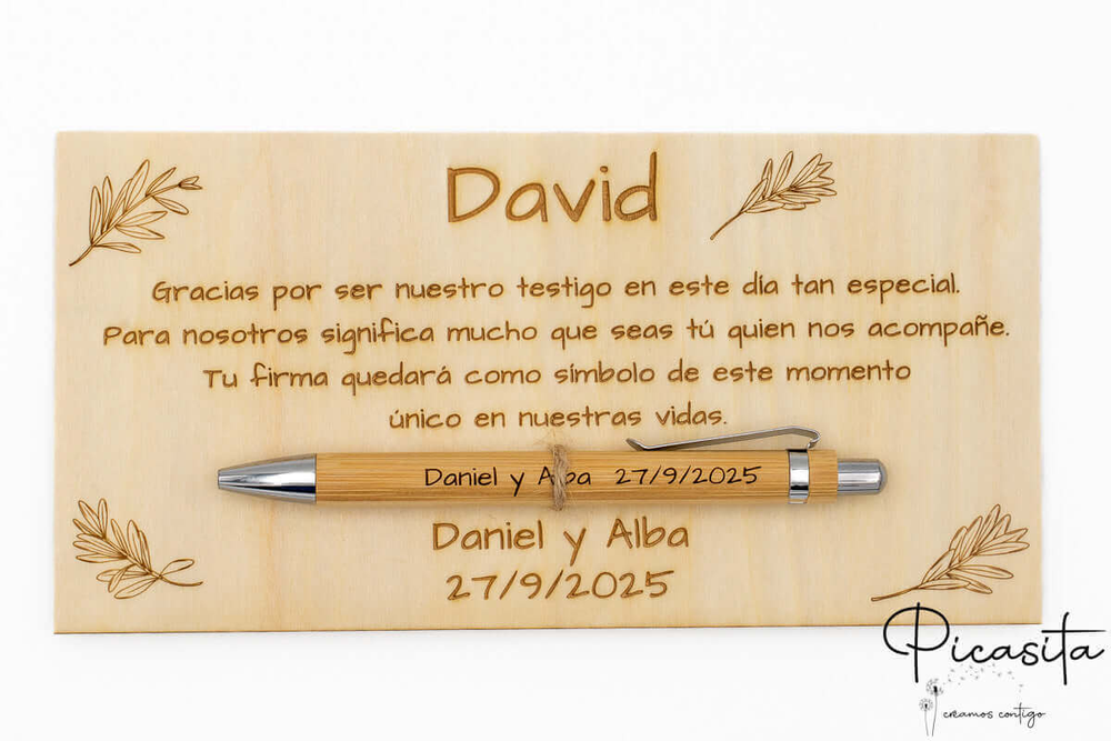 Targa di ringraziamento incisa al laser per il testimone David, con penna di bambù