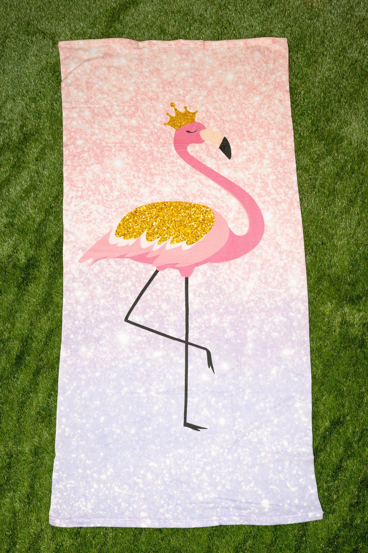 Asciugamano con sfumatura rosa e lilla e disegno di fenicottero con corona dorata