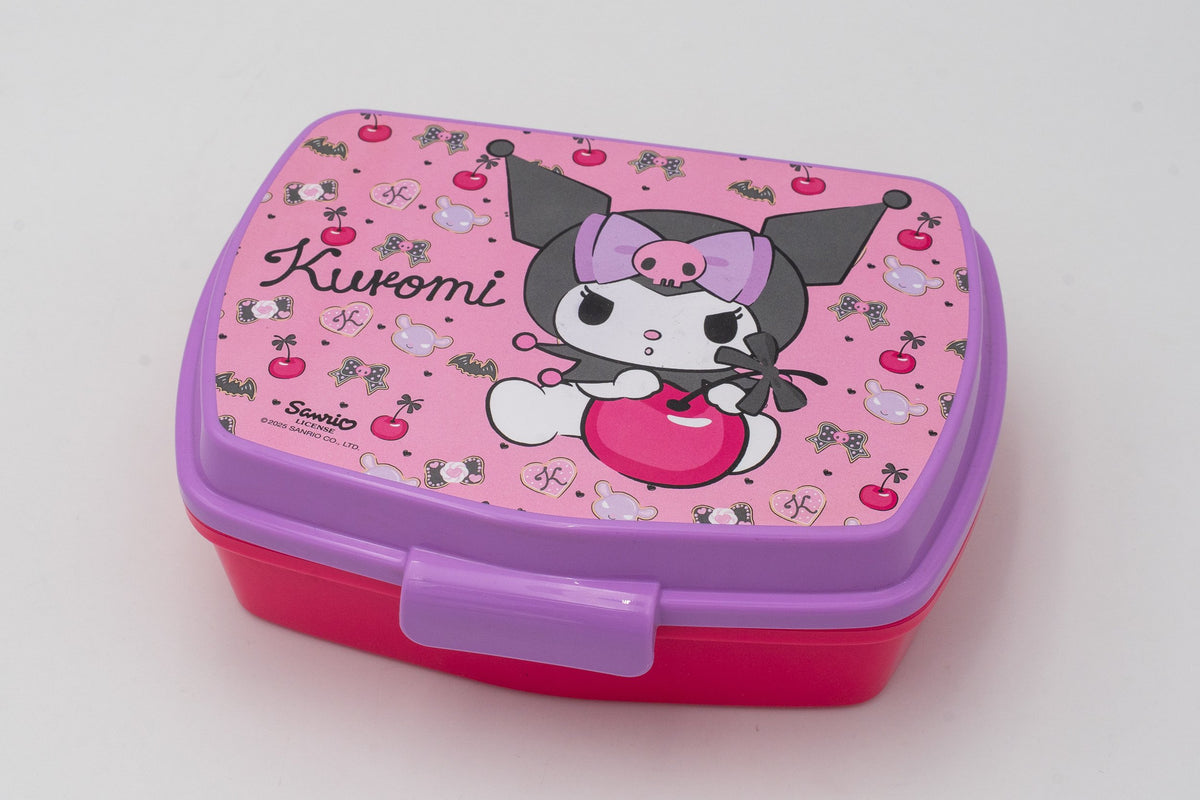 Portapranzo in plastica rosa e lilla con Kuromi, ciliegie e fiocchi decorativi