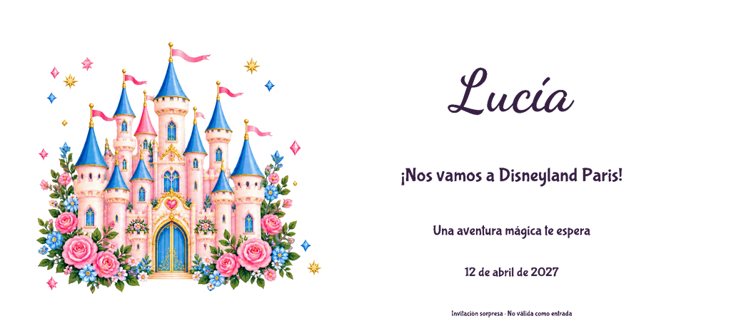 Vista digitale piana del disegno reale dell’invito a Disneyland Paris, stile Acrilico, tema Castello, con nome e data facoltativa.