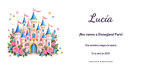 Vista digitale piana del disegno reale dell’invito a Disneyland Paris, stile Acrilico, tema Castello, con nome e data facoltativa.