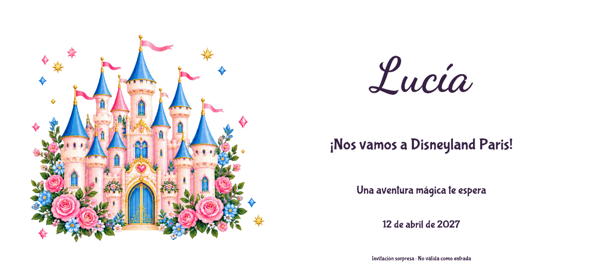 Vista digitale piana del disegno reale dell’invito a Disneyland Paris, stile Acrilico, tema Castello, con nome e data facoltativa.