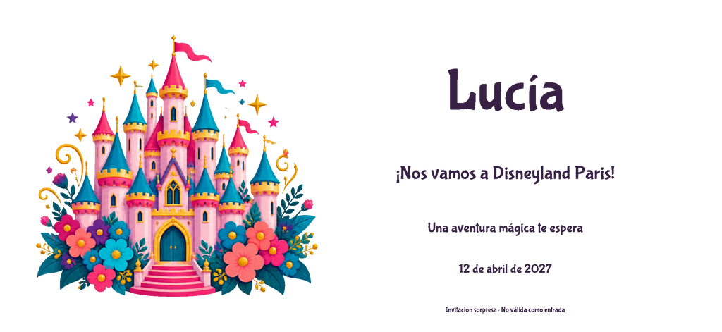 Vista digitale piana del disegno reale dell’invito a Disneyland Paris, stile Colore, tema Castello, con nome e data facoltativa.