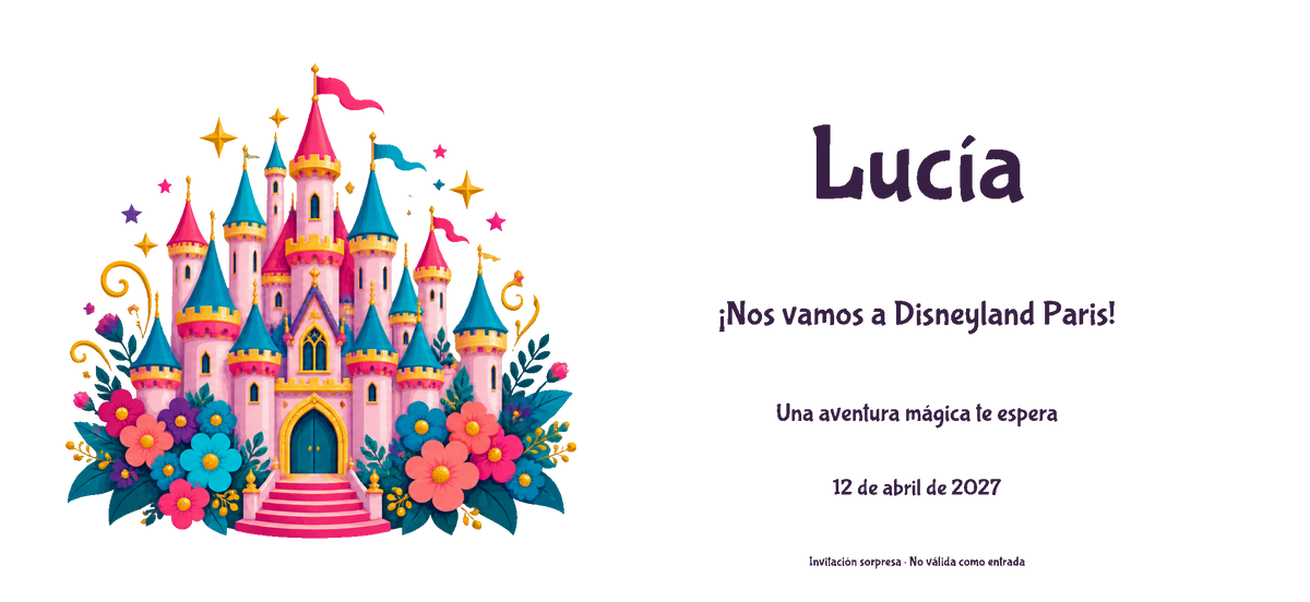 Vista digitale piana del disegno reale dell’invito a Disneyland Paris, stile Colore, tema Castello, con nome e data facoltativa.