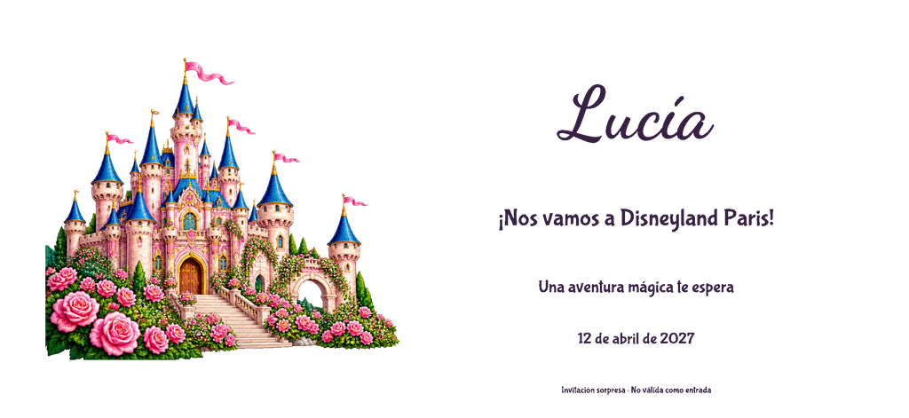 Vista digitale piana del disegno reale dell’invito a Disneyland Paris, stile Illustrato, tema Castello, con nome e data facoltativa.