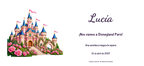 Vista digitale piana del disegno reale dell’invito a Disneyland Paris, stile Illustrato, tema Castello, con nome e data facoltativa.