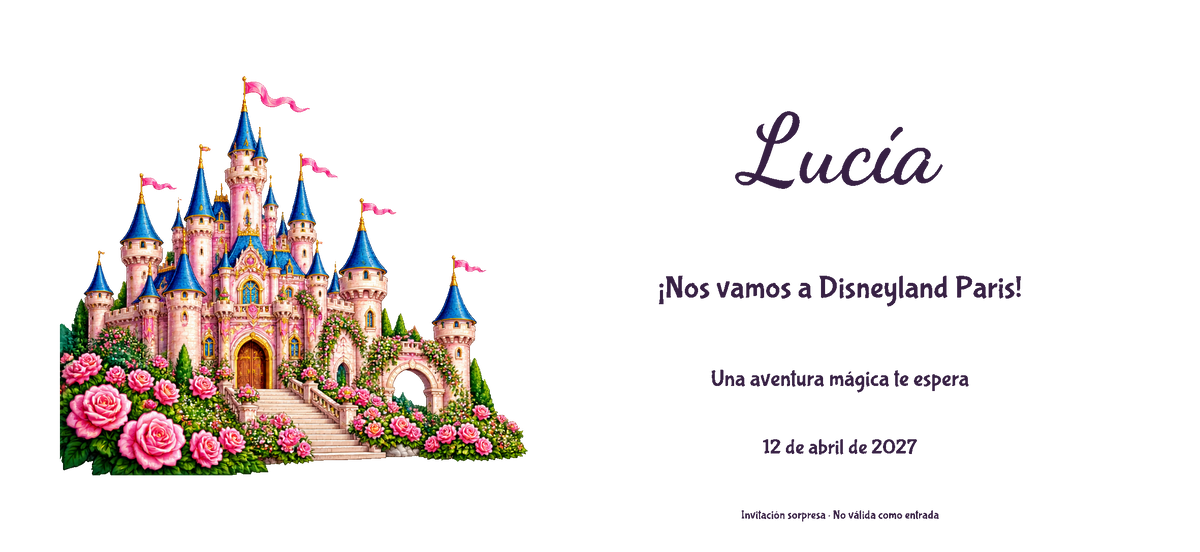 Vista digitale piana del disegno reale dell’invito a Disneyland Paris, stile Illustrato, tema Castello, con nome e data facoltativa.