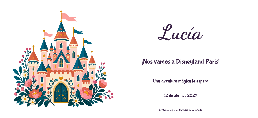 Vista digitale piana del disegno reale dell’invito a Disneyland Paris, stile Legno, tema Castello, con nome e data facoltativa.