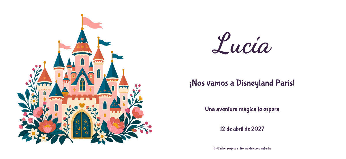 Vista digitale piana del disegno reale dell’invito a Disneyland Paris, stile Legno, tema Castello, con nome e data facoltativa.