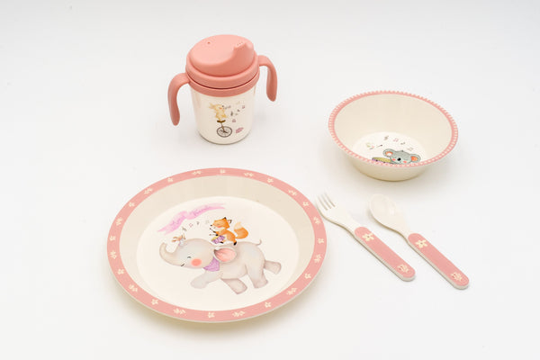 Set completo di stoviglie rosa per bambini con elefante, volpe e koala musicisti