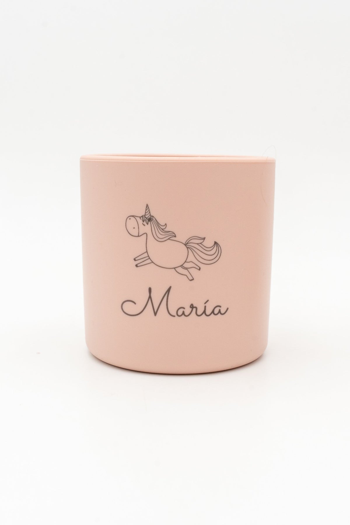 Bicchiere rosa con nome María e unicorno incisi