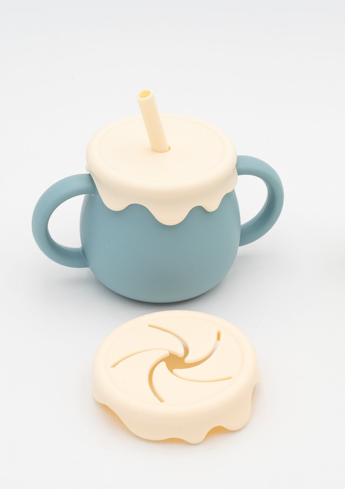 Vaso tarro de miel azul con pajita y tapa flexible para snacks