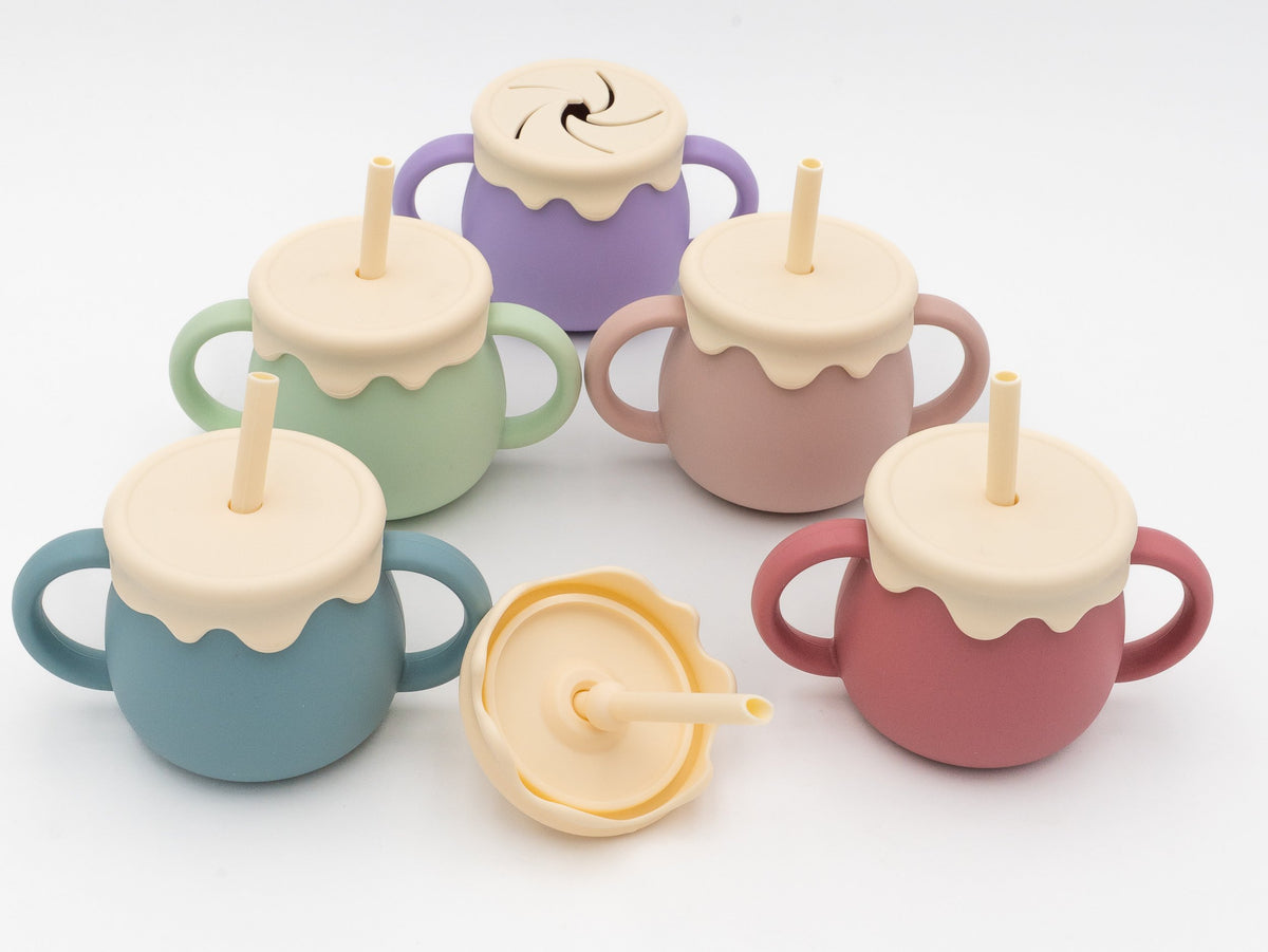 Bicchieri barattolo di miele per bambini in cinque colori con coperchi per cannuccia e snack