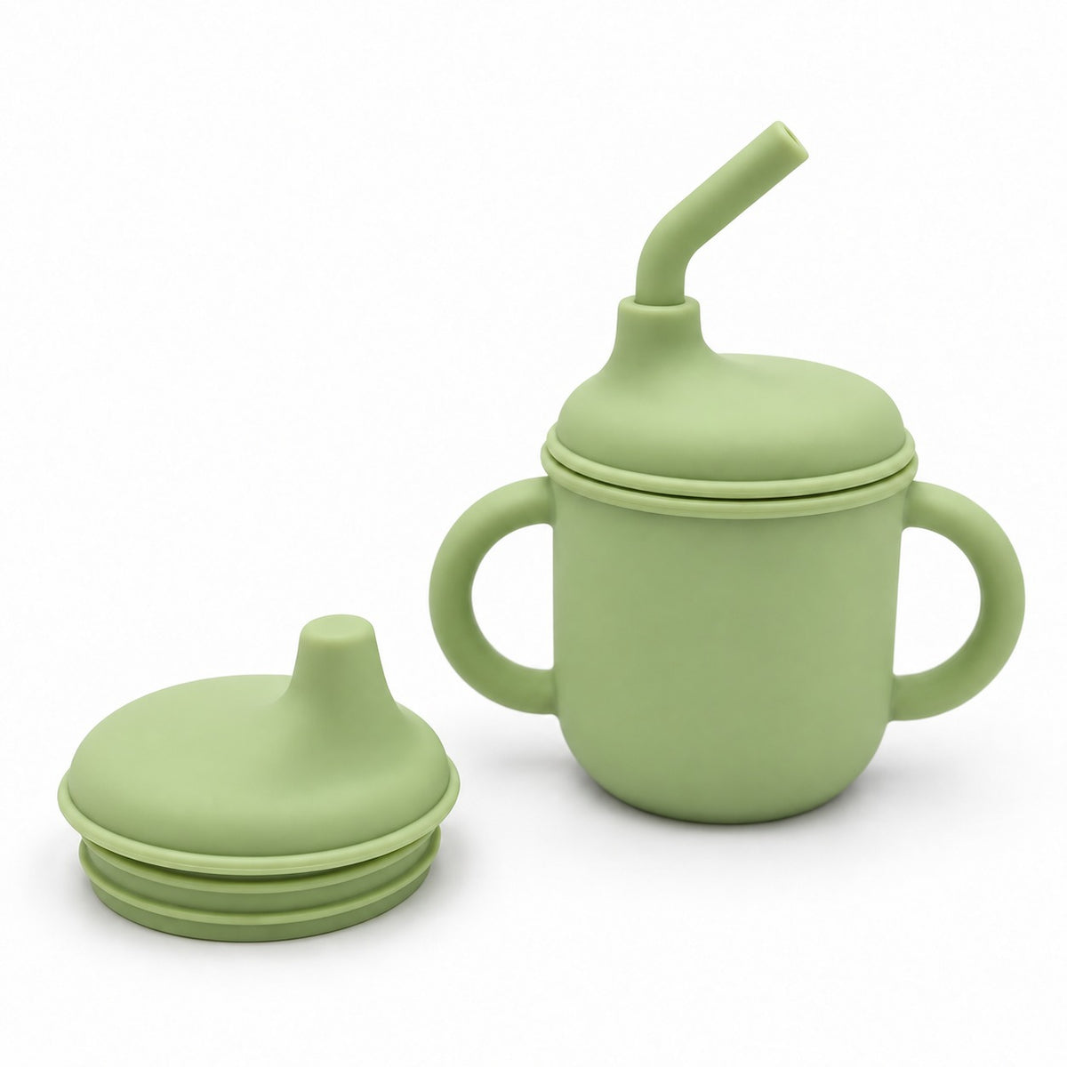 Bicchiere per bambini in silicone 3 in 1 con manici, cannuccia e coperchio con beccuccio color verde scuro